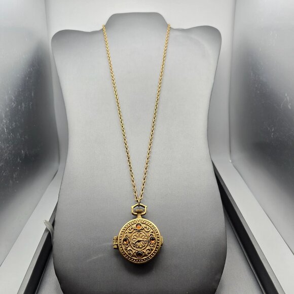 VTG Mary Chess Perfume Locket Necklace 23" Gold Tone Ornate Rhinestones 1960s - Picture 2 of 12